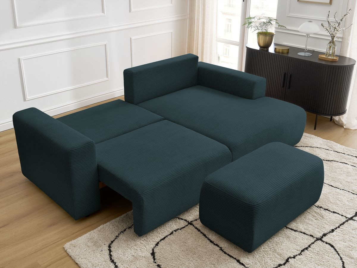 Bobochic Atilla Ecksofa mit Schlaffunktion und Bettkasten und Pouf Cordsamt Dunkelblau Ecke rechts