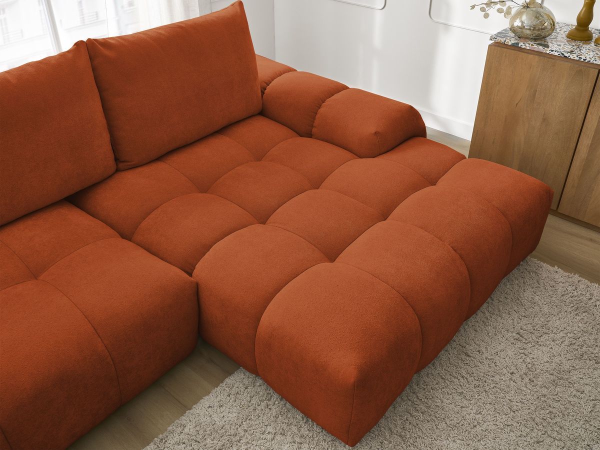 Bobochic Everest Ecksofa mit Schlaffunktion und Bettkasten 318 × 180 cm, 3 Kissen Strukturstoff Orange Ecke rechts