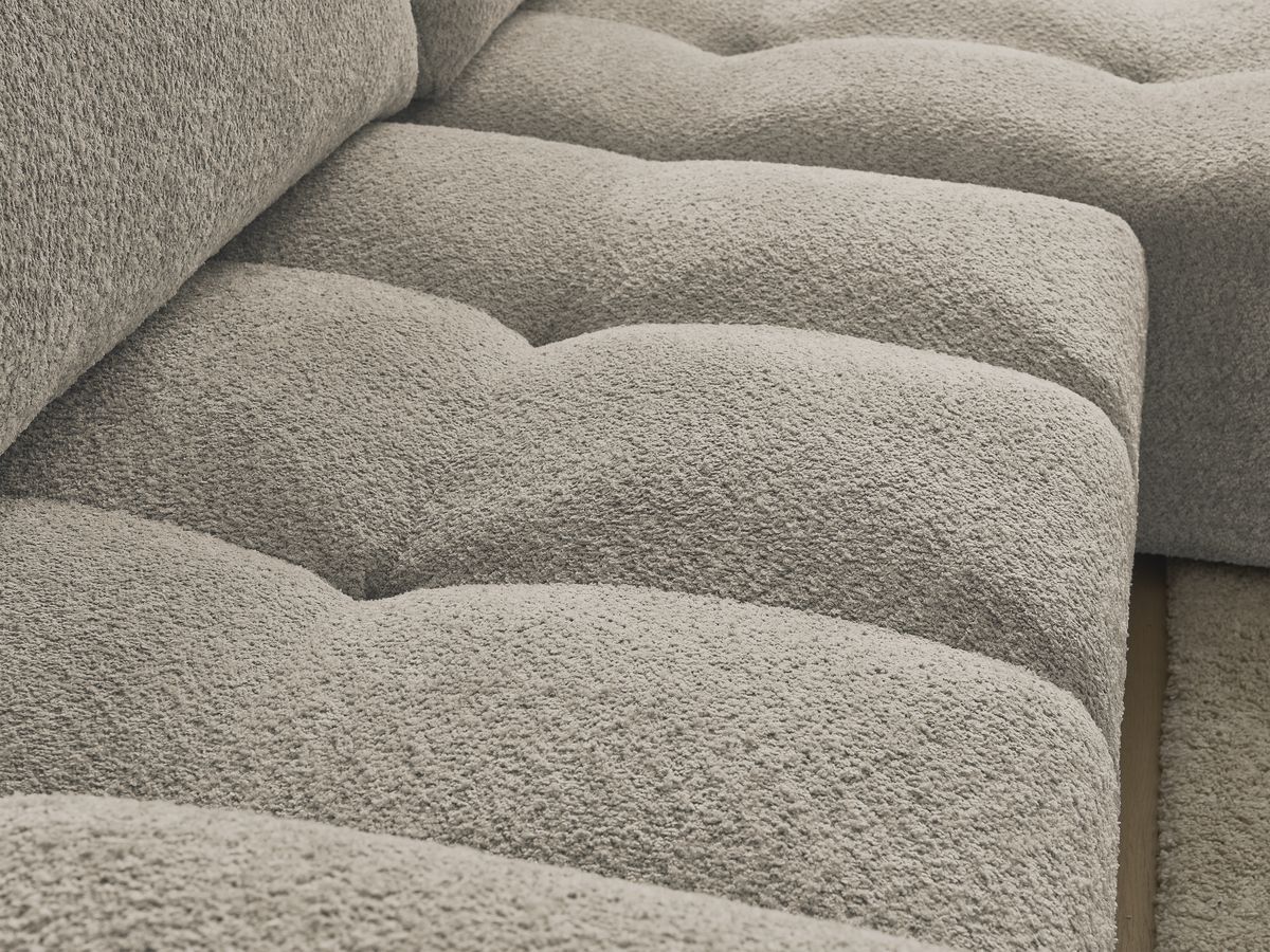 Bobochic Anakin Ecksofa mit Schlaffunktion und Bettkasten, 2 Kissen Bouclé-Stoff Taupe