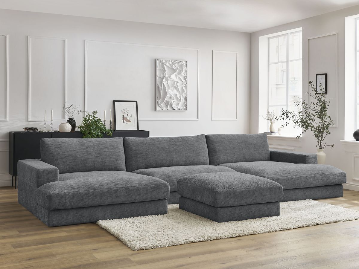 Bobochic Leonard Wohnlandschaft mit Pouf 349 × 159 cm Strukturstoff Dunkelgrau