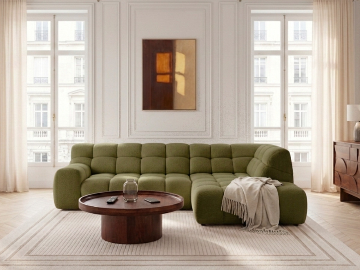Bobochic Andre Ecksofa mit Schlaffunktion Chenille Grün Ecke rechts