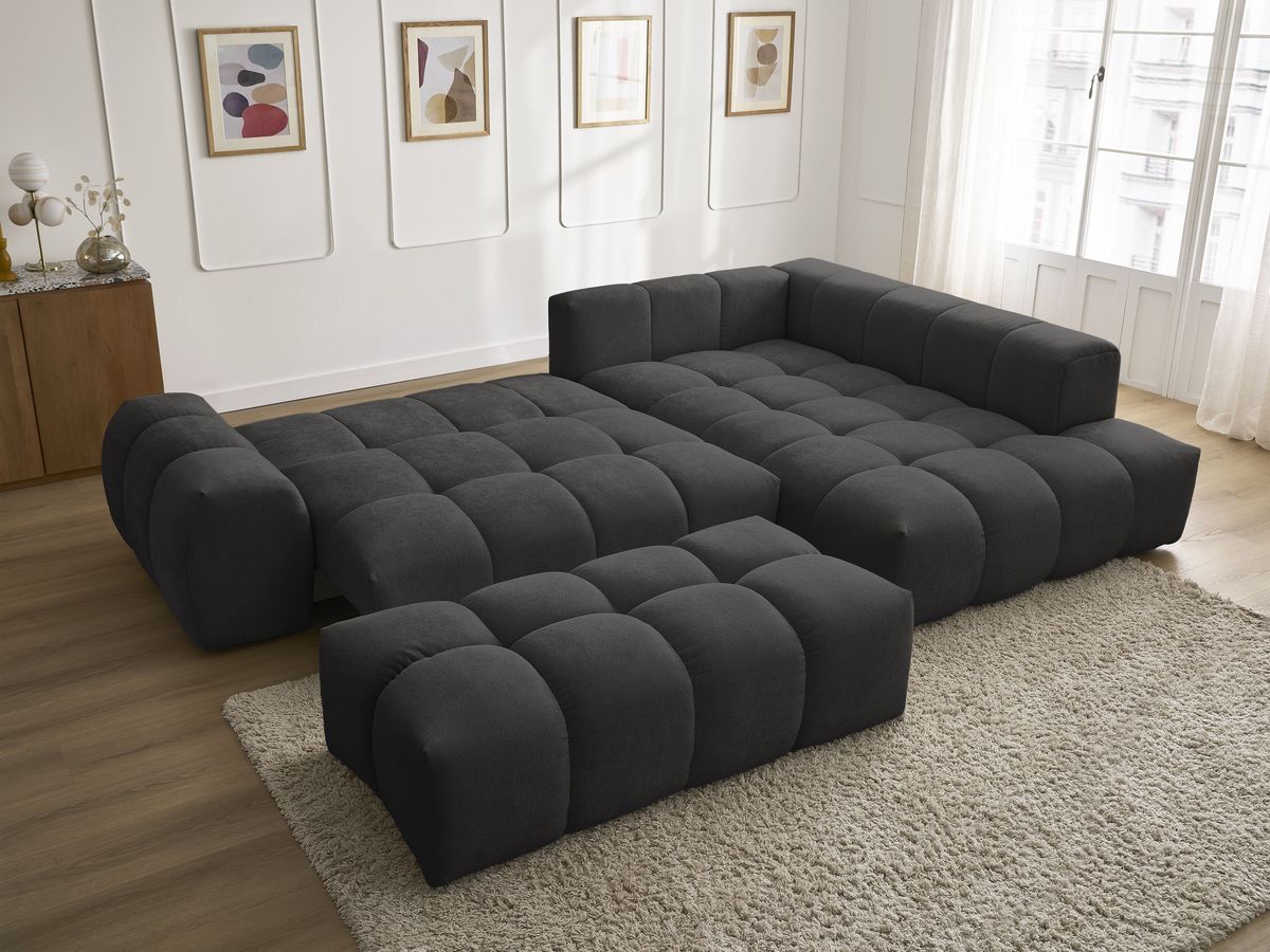 Bobochic Everest Ecksofa mit Schlaffunktion und Bettkasten und Pouf 320 × 212 cm, 5 Kissen Strukturstoff Schwarz Ecke rechts