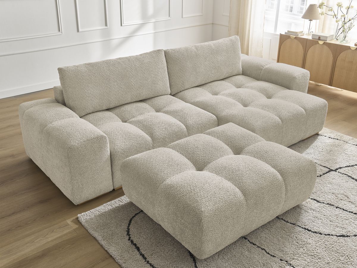 Bobochic Anakin Ecksofa mit Pouf, 2 Kissen Bouclé-Stoff Beige