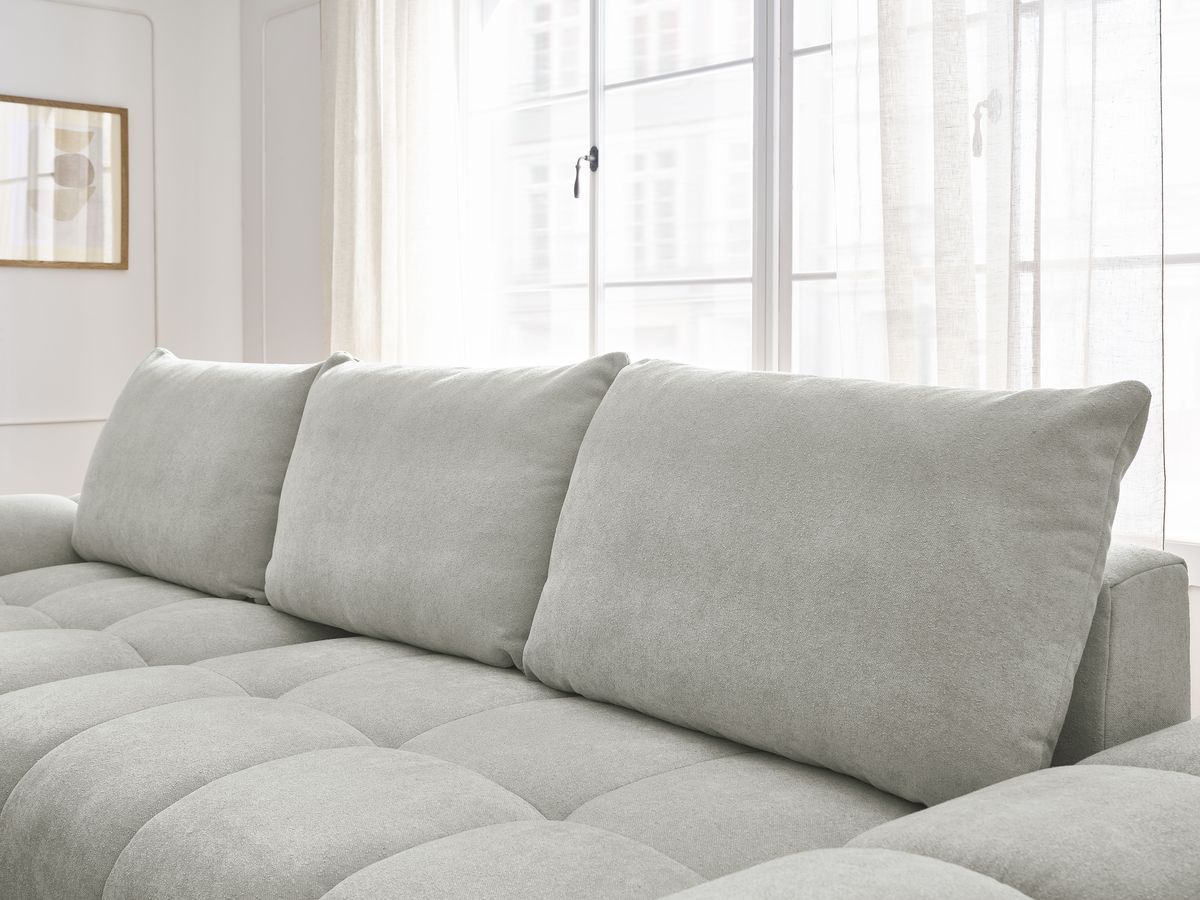 Bobochic Everest Ecksofa mit Schlaffunktion und Bettkasten und Pouf 318 × 180 cm, 3 Kissen Strukturstoff Hellgrau Ecke links