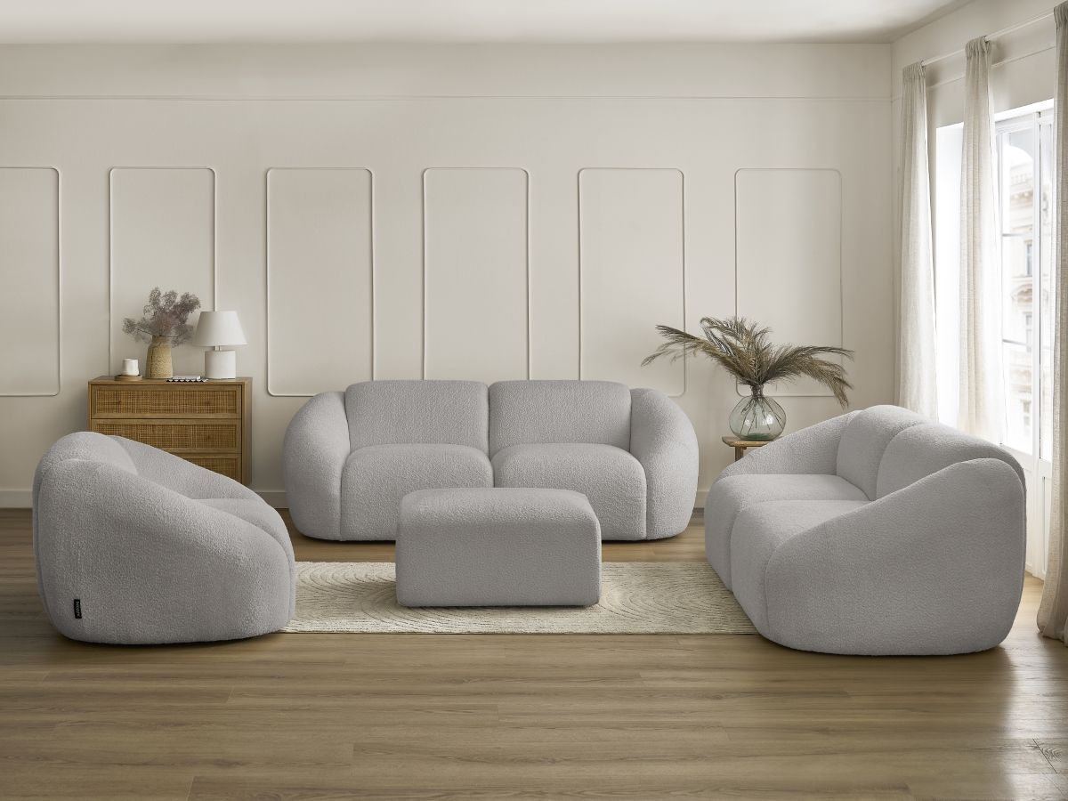 Bobochic Tina Sofa 7-Sitzer mit Pouf Bouclé-Stoff Hellgrau