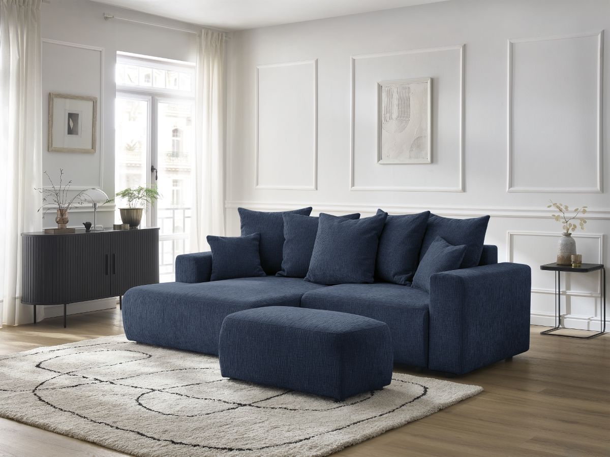 Bobochic Atilla Ecksofa mit Schlaffunktion und Bettkasten und Pouf Strukturstoff Dunkelblau Ecke links