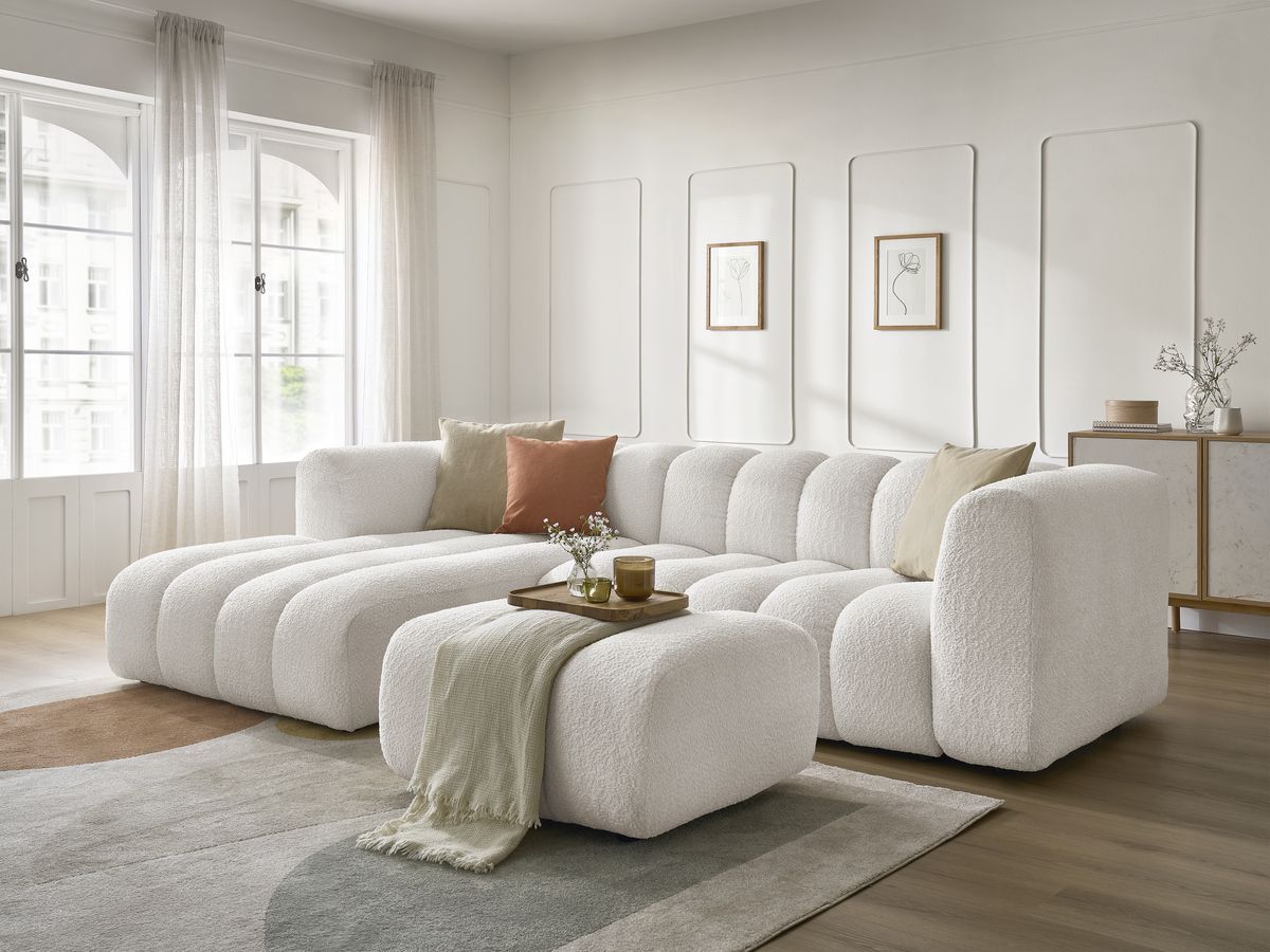 Bobochic Talia Ecksofa mit Pouf Bouclé-Stoff Weiß Ecke links