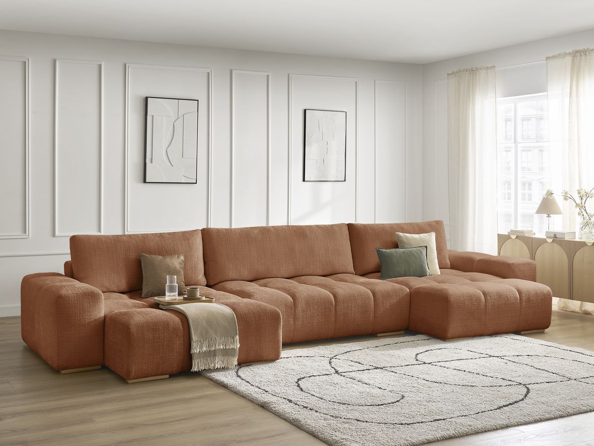 Bobochic Anakin Wohnlandschaft, Liegefläche 137 × 382 cm, 3 Kissen Strukturstoff Orange