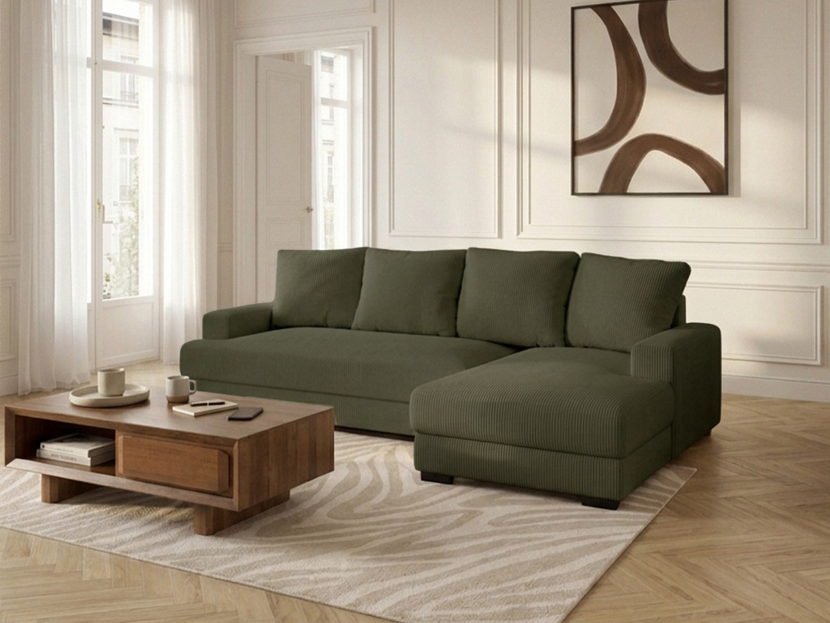 Bobochic Campi Ecksofa mit Schlaffunktion und Bettkasten Cordsamt Grün Ecke rechts