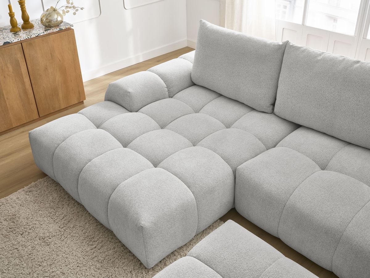 Bobochic Everest Ecksofa mit Schlaffunktion und Bettkasten und Pouf 318 × 180 cm, 3 Kissen Melange-Stoff Hellgrau Ecke links
