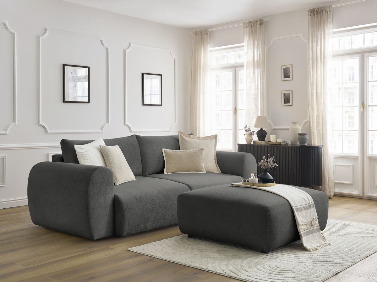 Bobochic Lucien Schlafsofa 4-Sitzer mit Bettkasten und Pouf Stoff Dunkelgrau