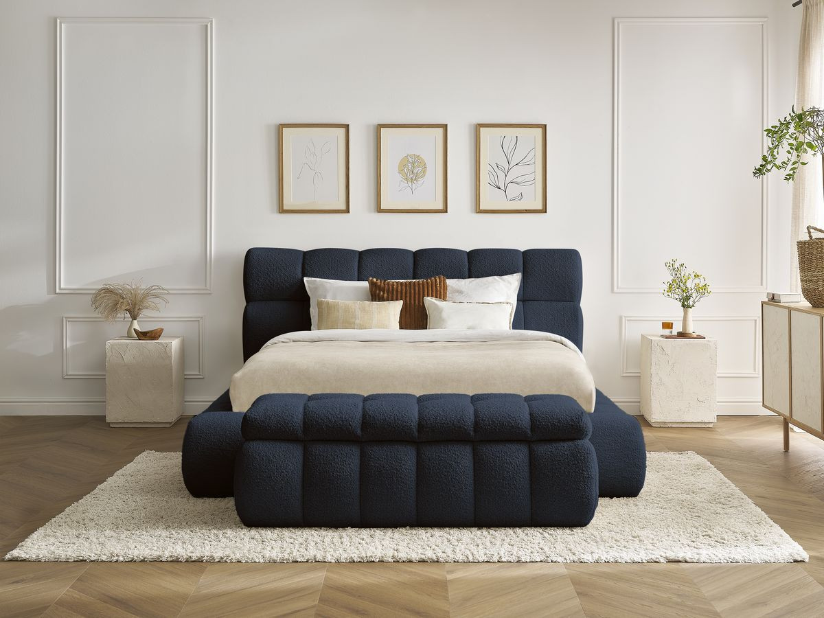 Bobochic Mont-blanc Polsterbett mit Bettkasten mit Bettbank Bouclé-Stoff Dunkelblau, Liegefläche 140 × 190 cm
