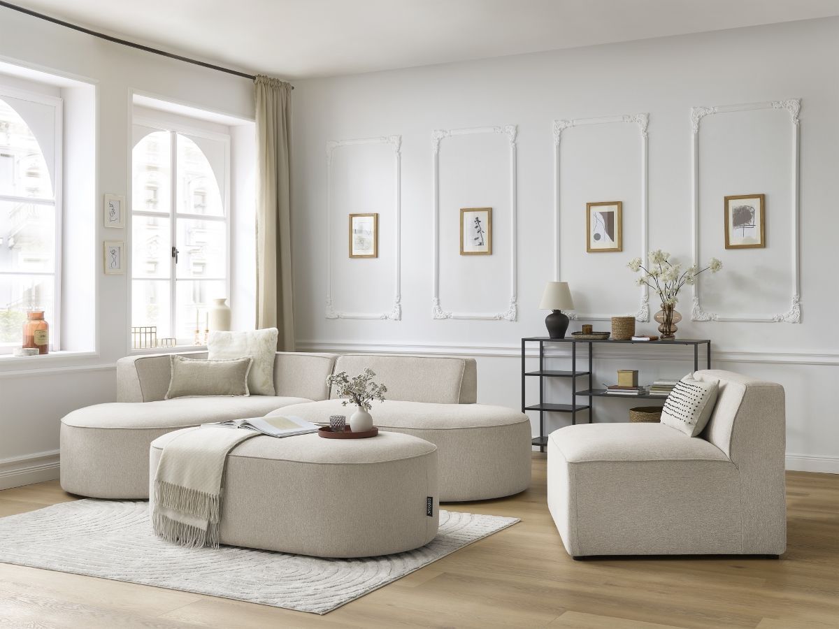 Bobochic Rousseau Ecksofa mit Sofamodul und Pouf Melange-Stoff Beige Ecke links