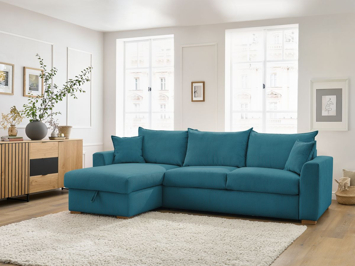 Bobochic Augustin Ecksofa mit Schlaffunktion und Bettkasten Cordsamt Hellblau, Liegefläche 160 × 200 cm