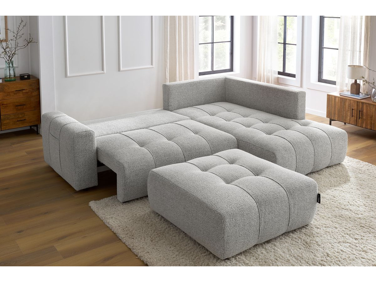 Bobochic Arsene Ecksofa mit Schlaffunktion und Bettkasten und Pouf 277 × 200 cm Melange-Stoff Hellgrau Ecke rechts