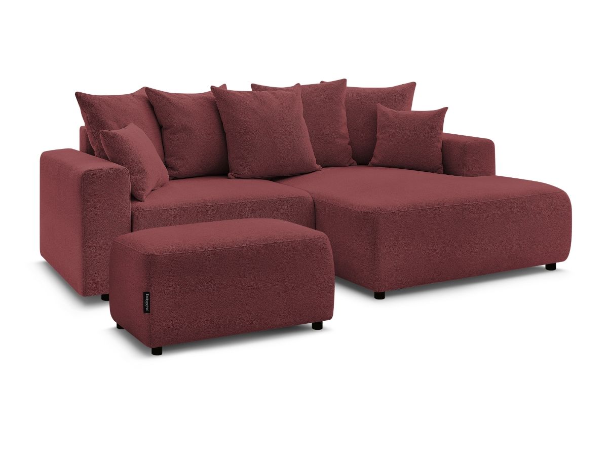 Bobochic Atilla Ecksofa mit Schlaffunktion und Bettkasten und Pouf Melange-Stoff Rot Ecke rechts