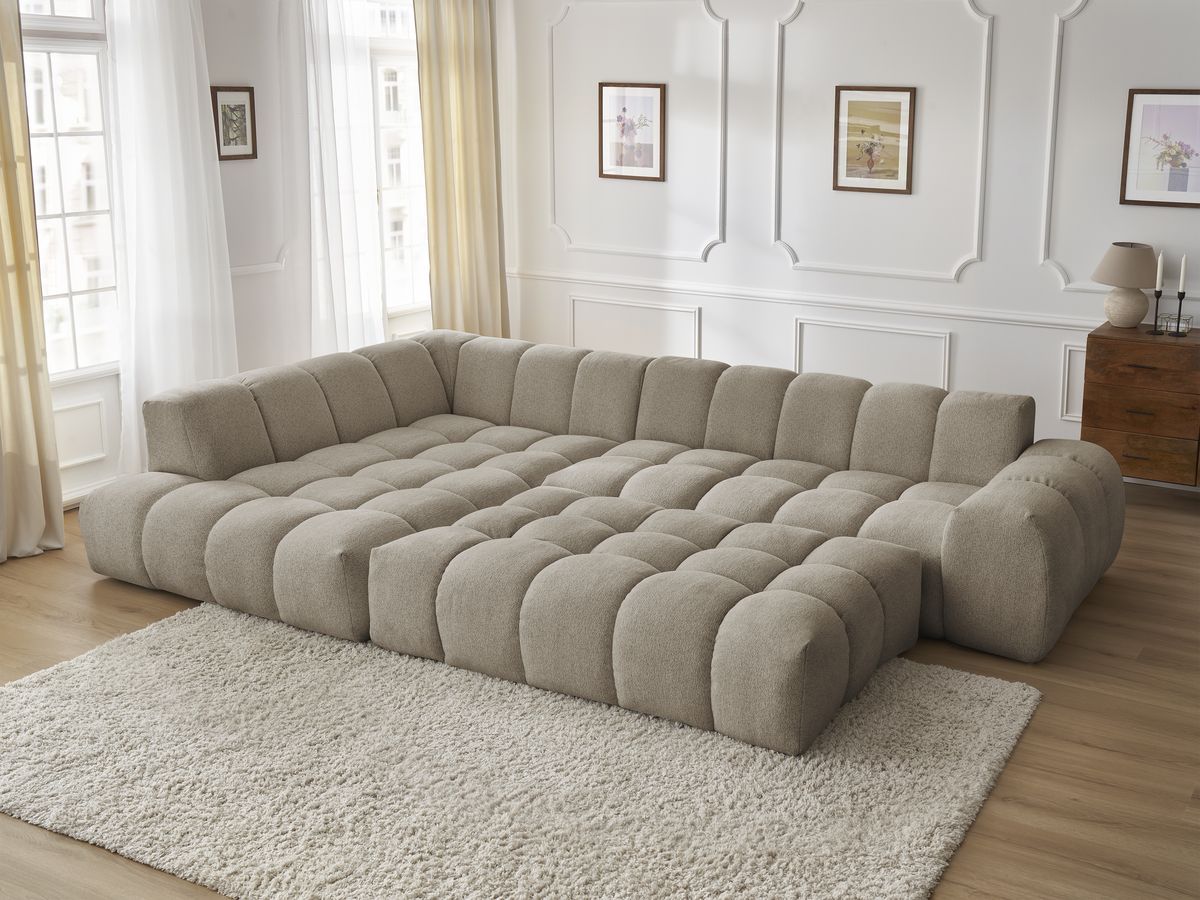 Bobochic Everest Ecksofa mit Schlaffunktion und Pouf, 10 Kissen Melange-Stoff Taupe Ecke links