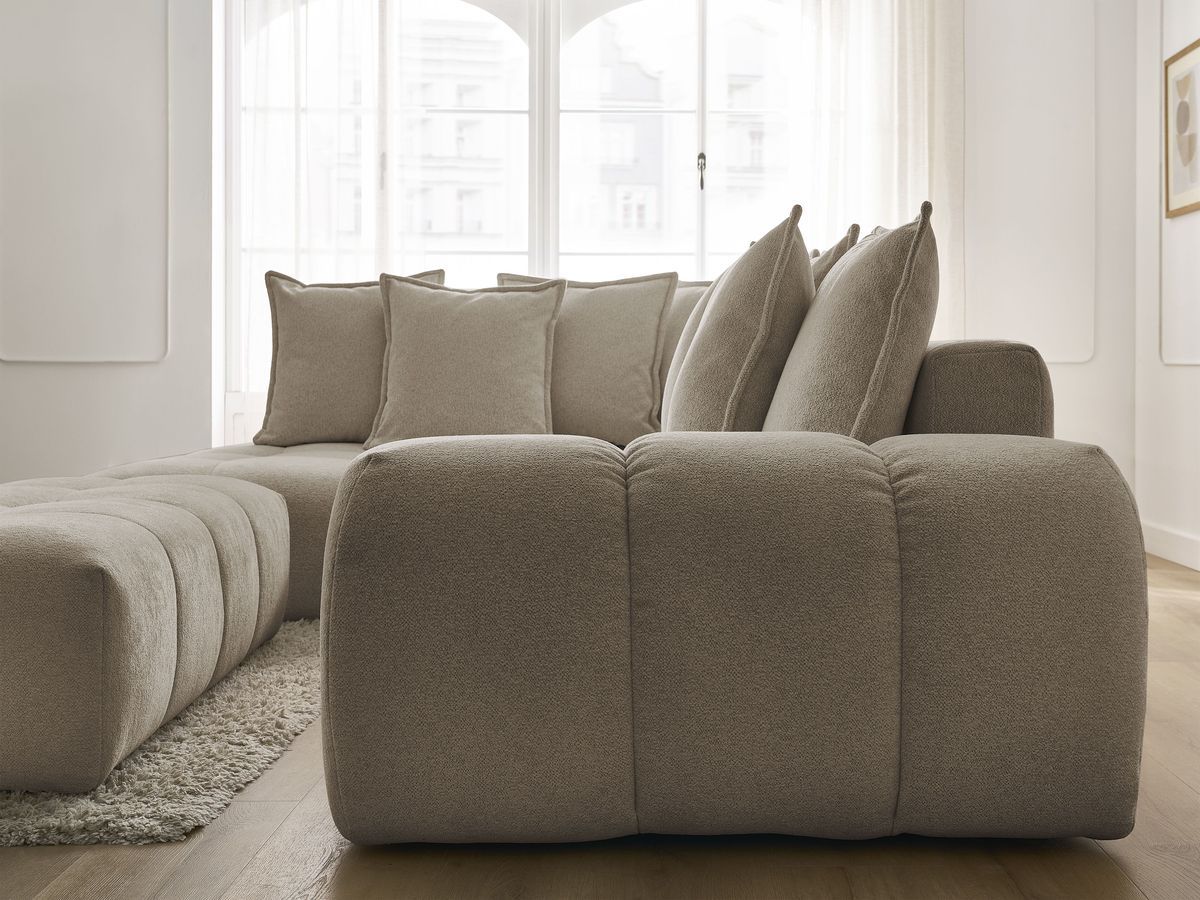 Bobochic Everest Ecksofa mit Schlaffunktion und Bettkasten und Pouf 320 × 212 cm, 10 Kissen Melange-Stoff Taupe Ecke links