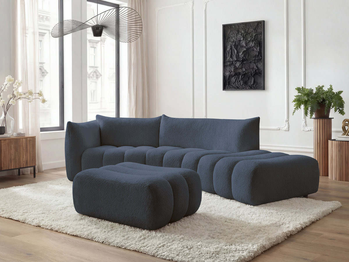 Bobochic Azra Ecksofa mit Pouf 325 × 112 cm Bouclé-Stoff Dunkelblau Ecke links