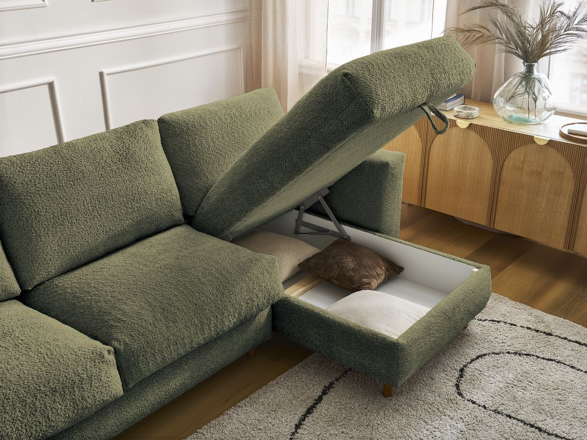 Bobochic Cocoone Ecksofa mit Schlaffunktion und Bettkasten Bouclé-Stoff Grün, Liegefläche 160 × 200 cm
