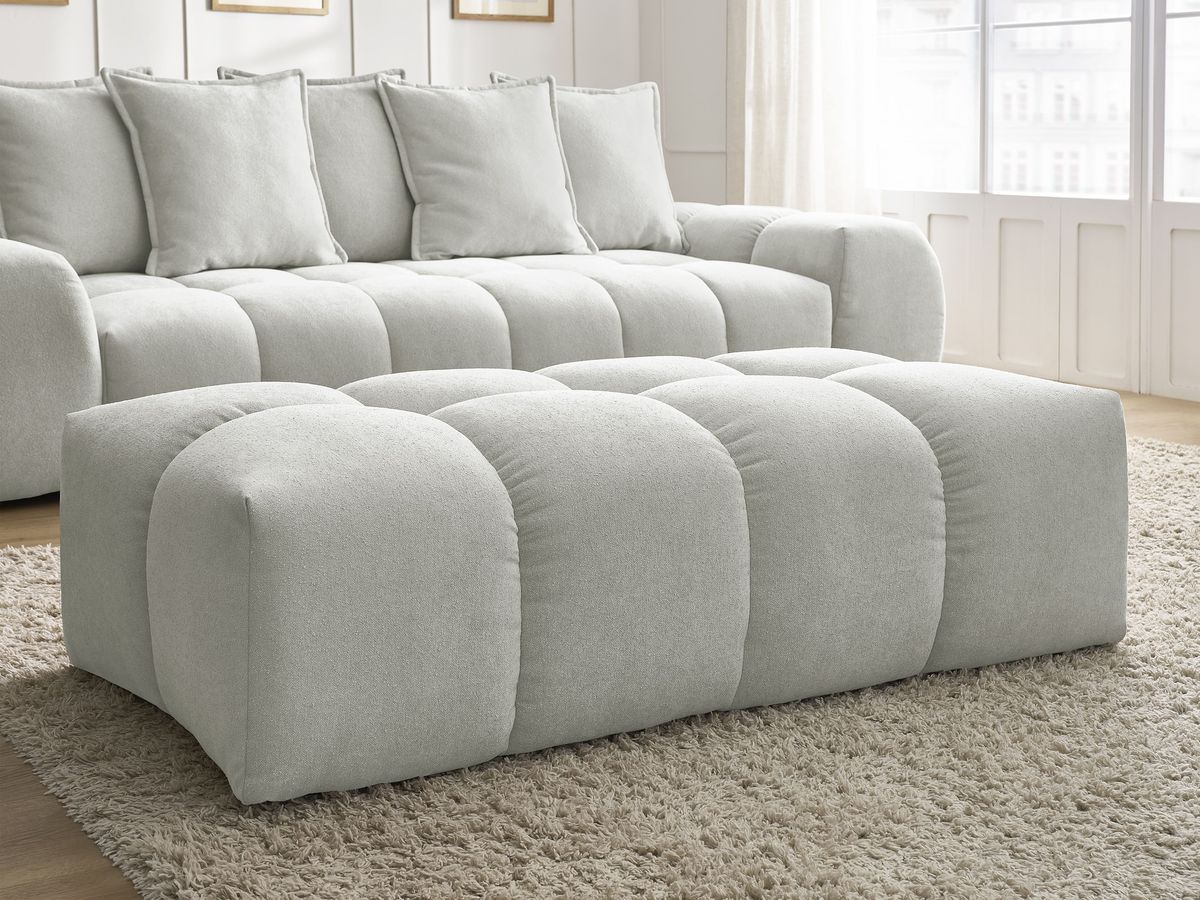 Bobochic Everest Schlafsofa 3-Sitzer mit Bettkasten und Pouf, 5 Kissen Strukturstoff Hellgrau