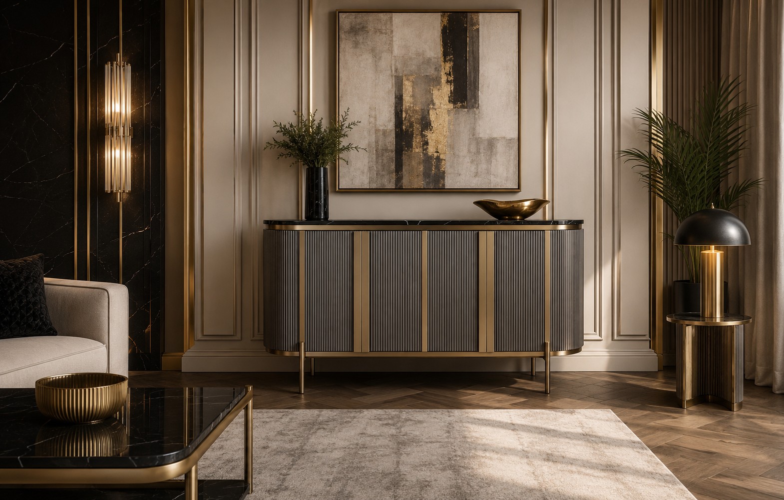 Livin Hill Sideboard Stilig Riffelfront 160 cm Schwarz, Platte Marmoroptik