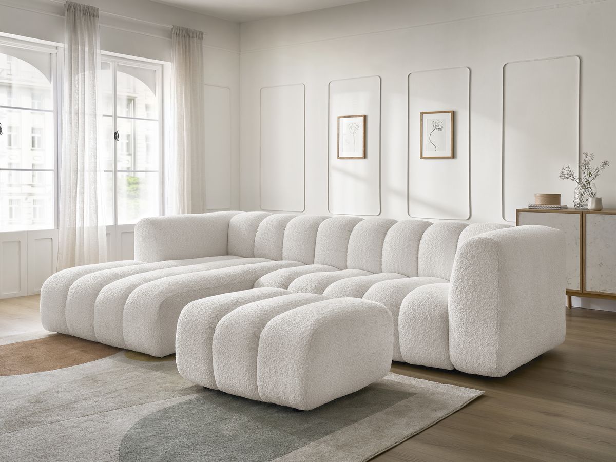 Bobochic Talia Ecksofa mit Pouf Bouclé-Stoff Weiß Ecke links