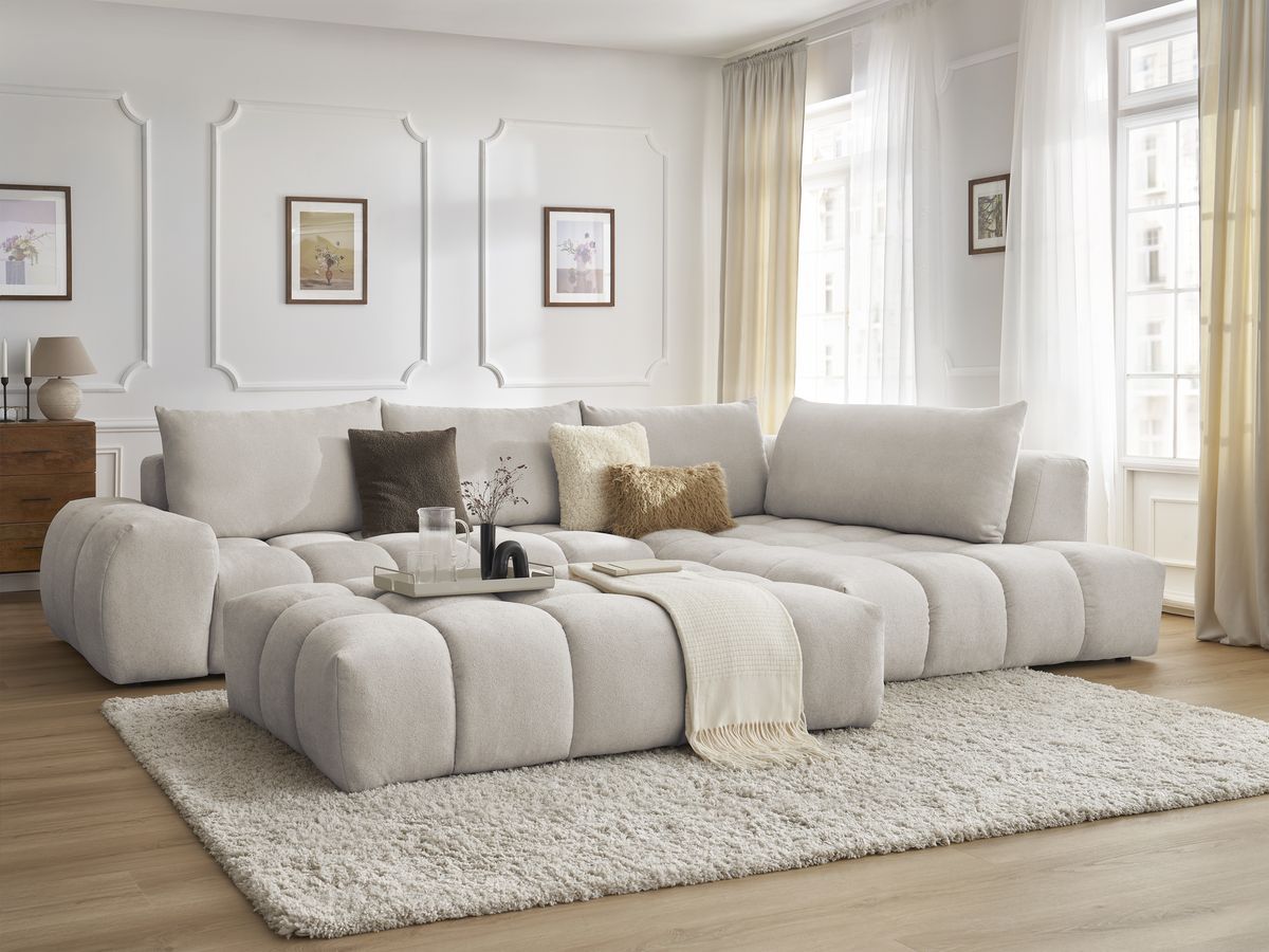 Bobochic Everest Ecksofa mit Schlaffunktion und Pouf, 4 Kissen Strukturstoff Beige Ecke rechts