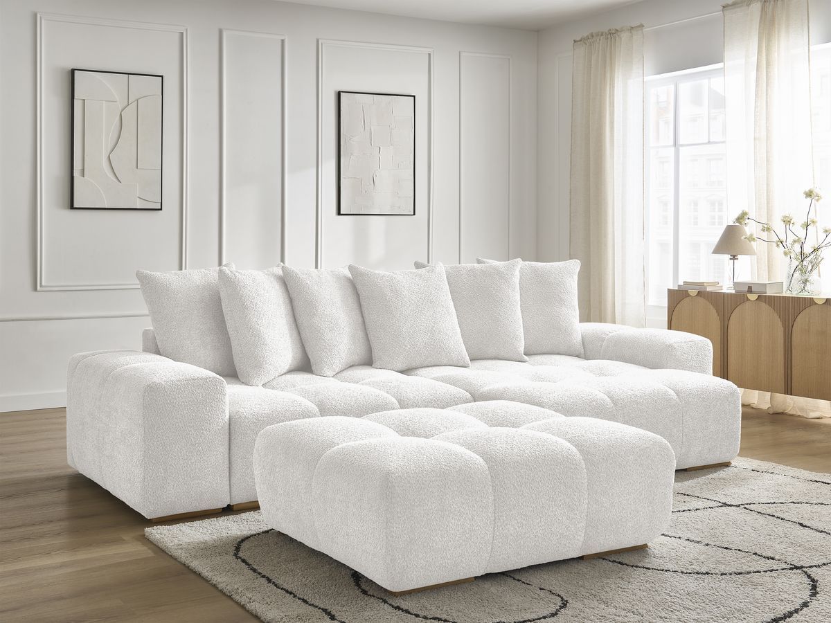 Bobochic Anakin Ecksofa mit Schlaffunktion und Bettkasten und Pouf, 6 Kissen Bouclé-Stoff Weiß