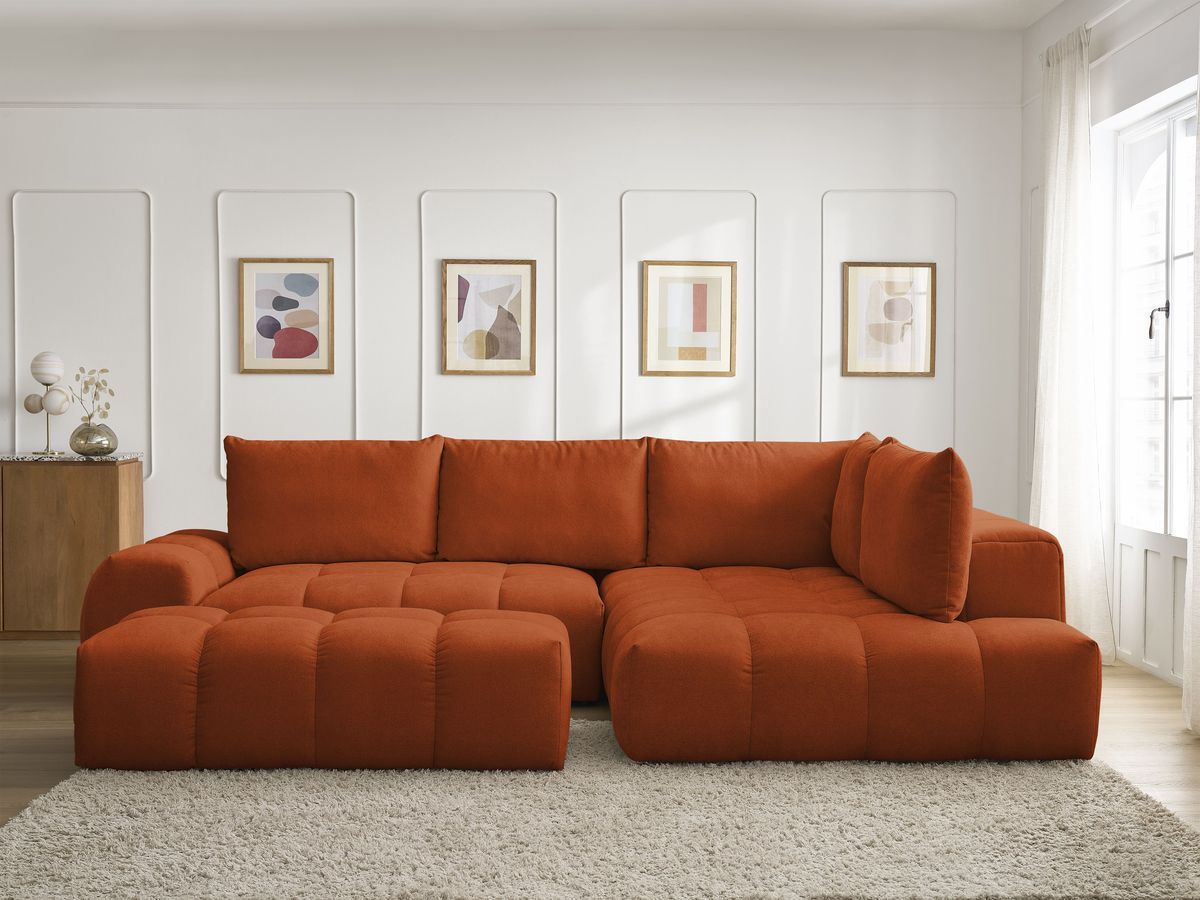 Bobochic Everest Ecksofa mit Schlaffunktion und Bettkasten und Pouf 320 × 212 cm, 5 Kissen Strukturstoff Orange Ecke rechts