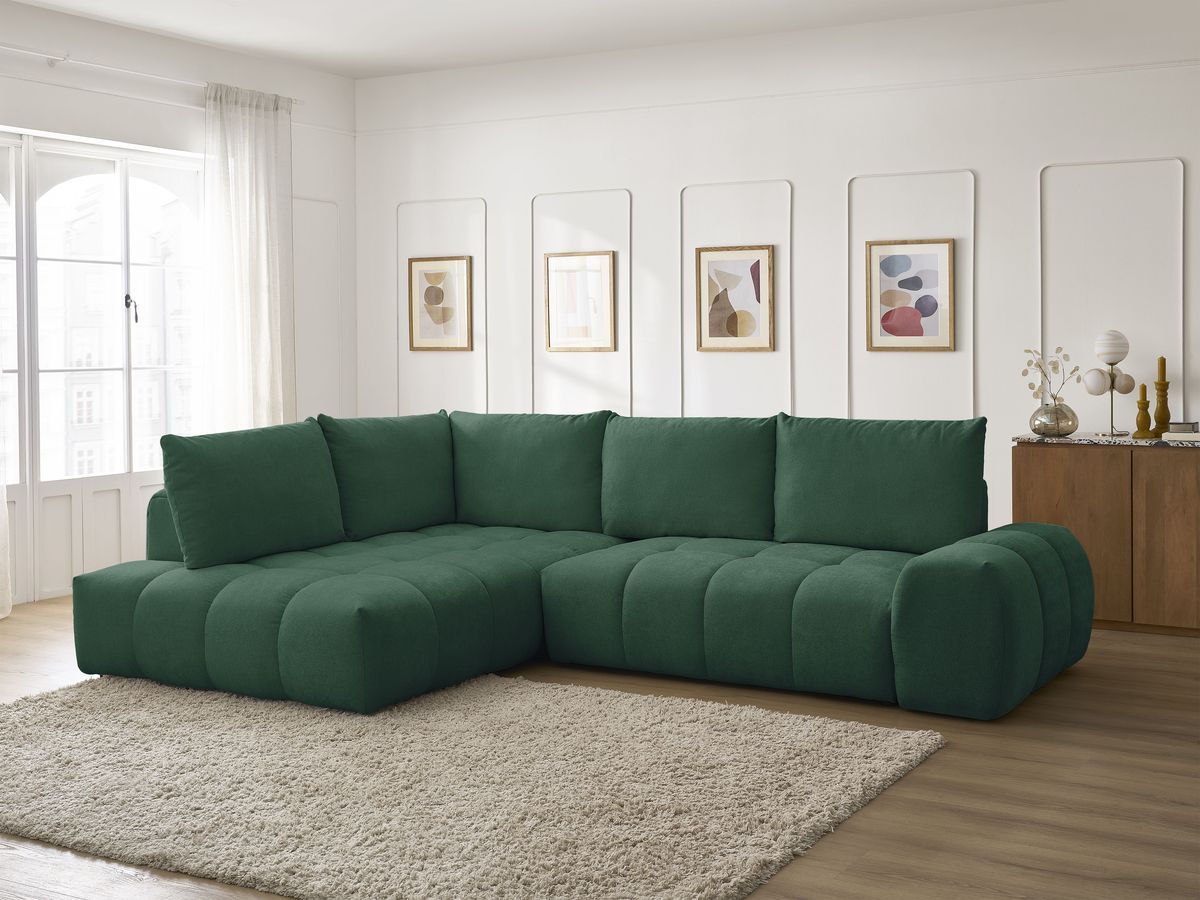 Bobochic Everest Ecksofa mit Schlaffunktion und Bettkasten 320 × 212 cm, 5 Kissen Strukturstoff Grün Ecke links