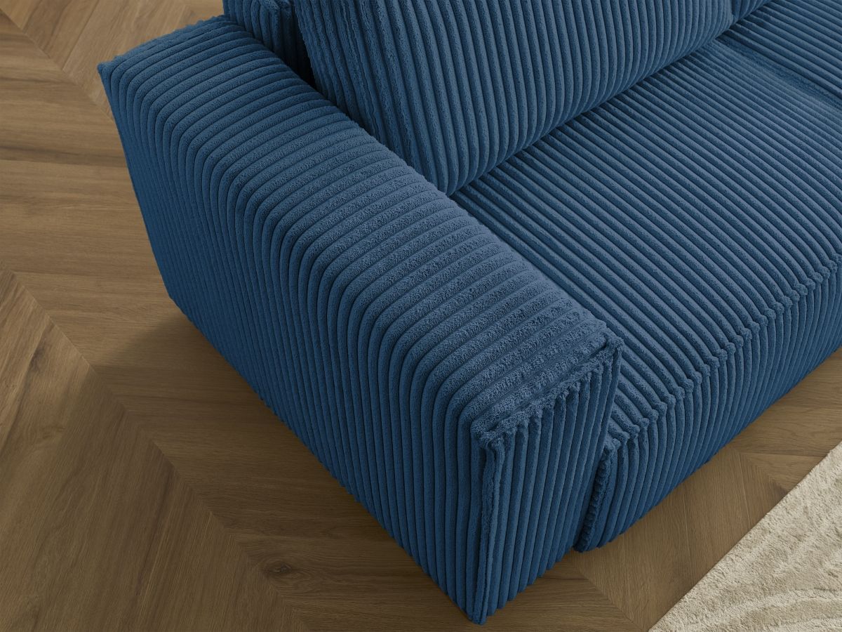 Bobochic Chelsea Ecksofa mit Schlaffunktion und Bettkasten und Pouf Breitcord weich Dunkelblau