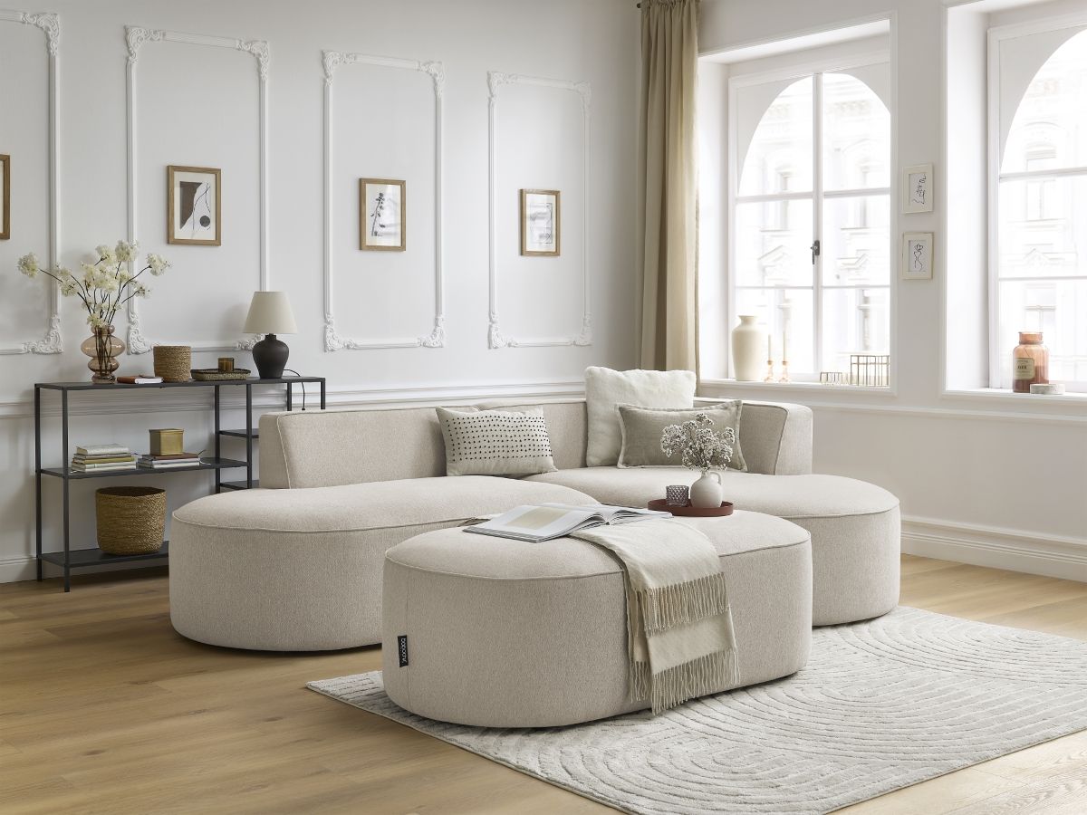 Bobochic Rousseau Ecksofa mit Pouf Melange-Stoff Beige Ecke rechts