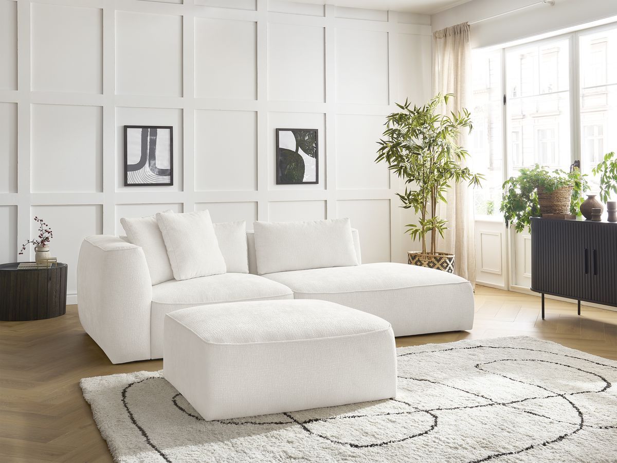 Bobochic Leopold Sofa 4-Sitzer mit Pouf Strukturstoff Weiß Armlehne links