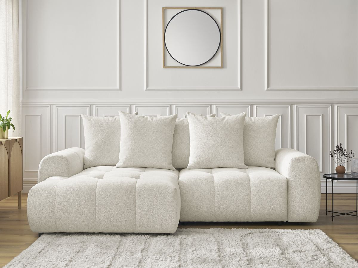 Bobochic Roxelane Ecksofa mit Schlaffunktion und Bettkasten 258 × 150 cm Melange-Stoff Weiß Ecke links
