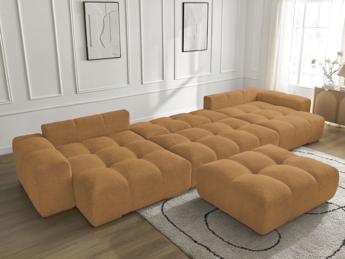 Bobochic Anakin Wohnlandschaft mit Pouf, Liegefläche 137 × 382 cm, 10 Kissen Bouclé-Stoff Gelb