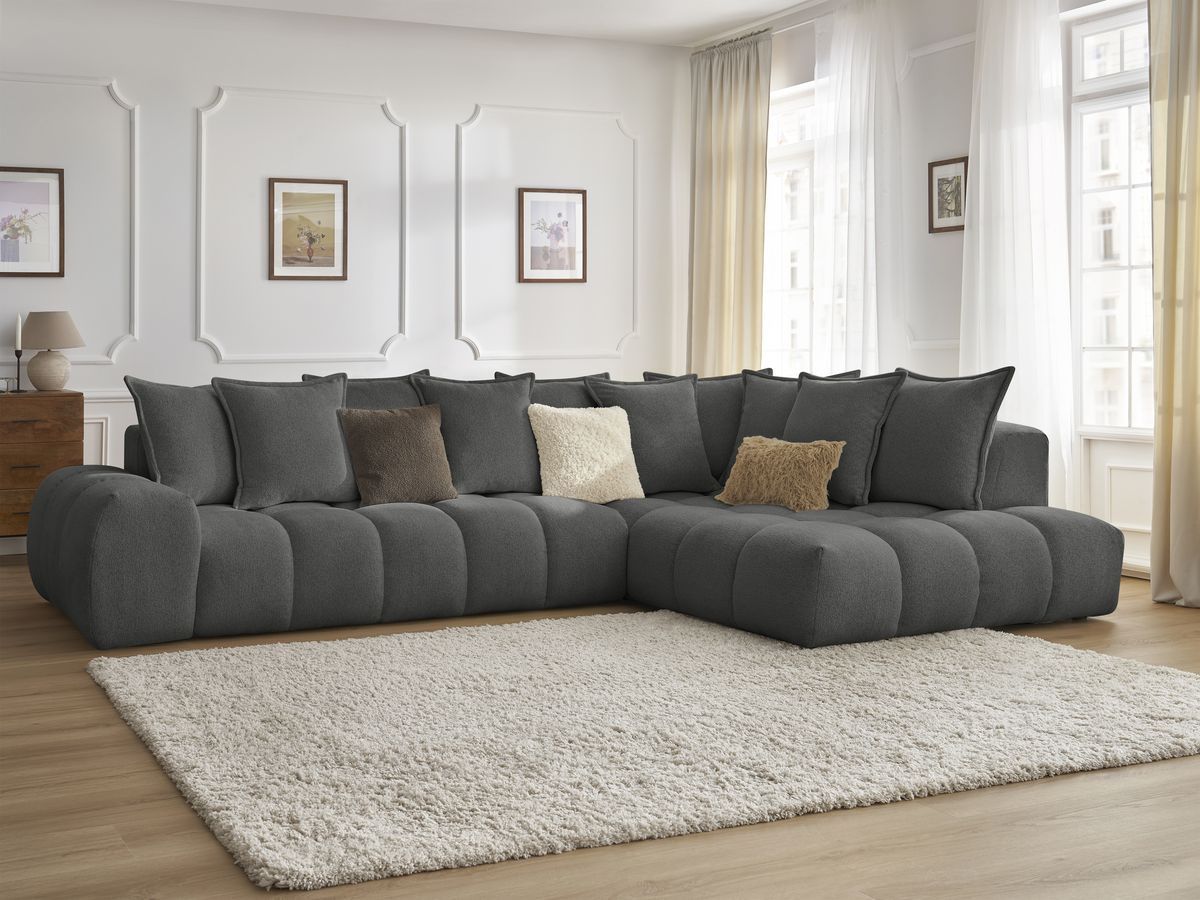 Bobochic Everest Ecksofa, 10 Kissen Melange-Stoff Dunkelgrau Ecke rechts
