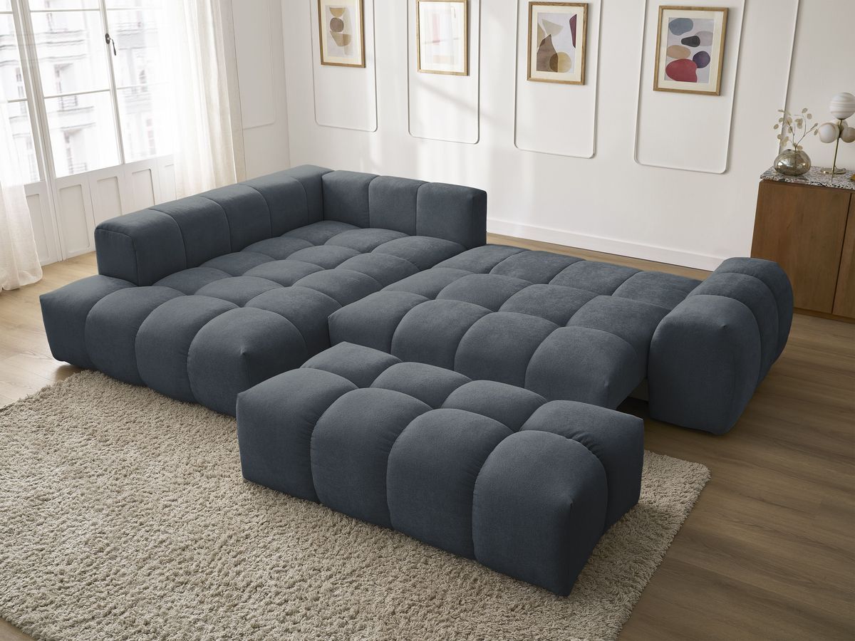 Bobochic Everest Ecksofa mit Schlaffunktion und Bettkasten und Pouf 320 × 212 cm, 10 Kissen Strukturstoff Dunkelblau Ecke links