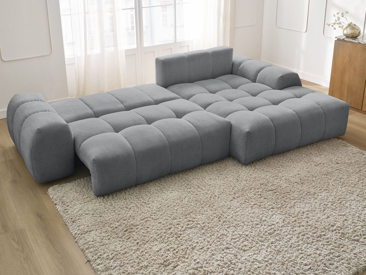 Bobochic Everest Ecksofa mit Schlaffunktion und Bettkasten 318 × 180 cm, 7 Kissen Melange-Stoff Dunkelgrau Ecke rechts