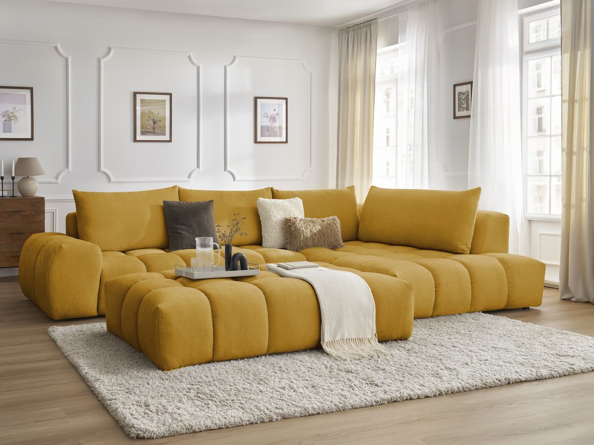 Bobochic Everest Ecksofa mit Schlaffunktion und Pouf, 4 Kissen Strukturstoff Gelb Ecke rechts