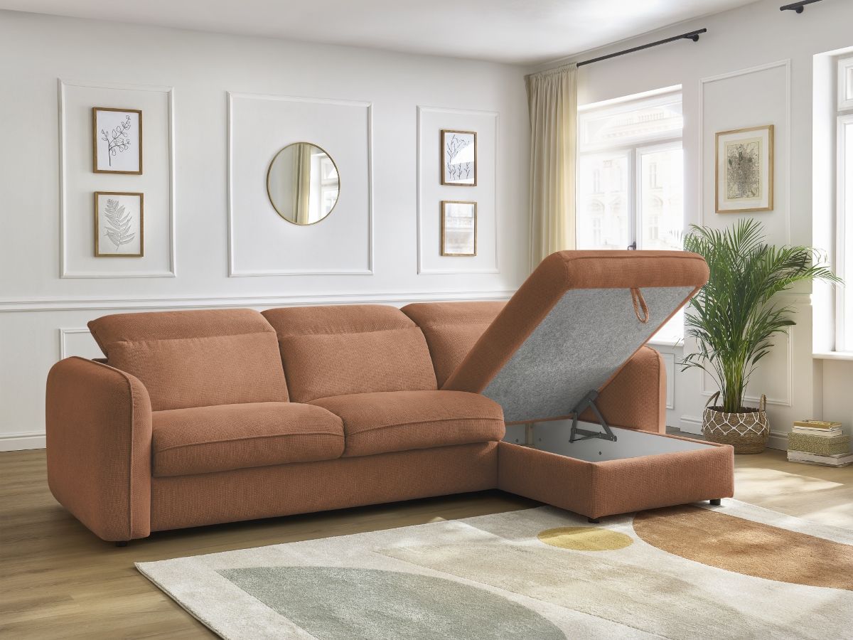 Bobochic Achille Ecksofa mit Schlaffunktion und Bettkasten Melange-Stoff Orange, Liegefläche 140 × 200 cm