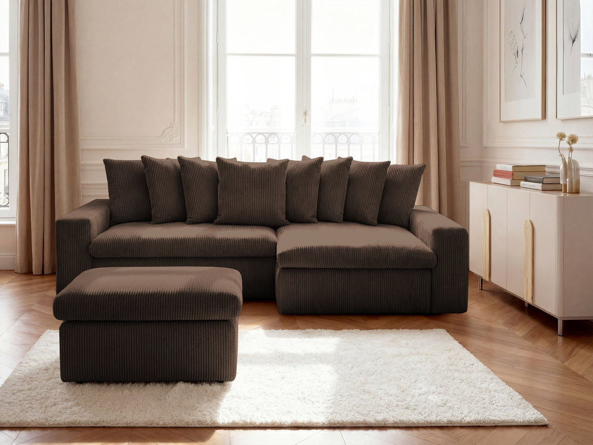 Bobochic Enore Ecksofa mit Pouf Cordsamt Braun Ecke rechts