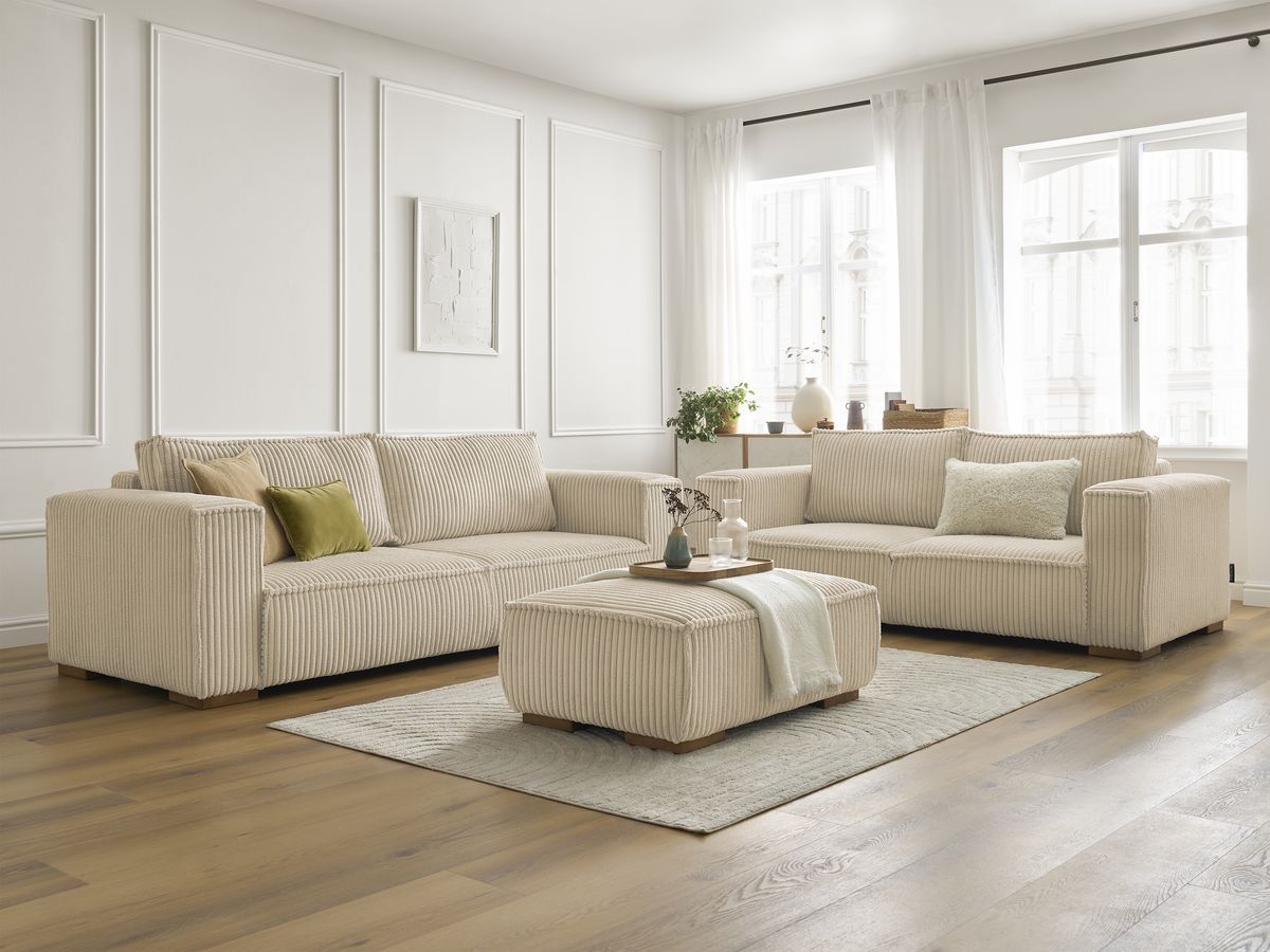 Bobochic Chelsea Sofa 6-Sitzer mit Pouf Breitcord weich Taupe