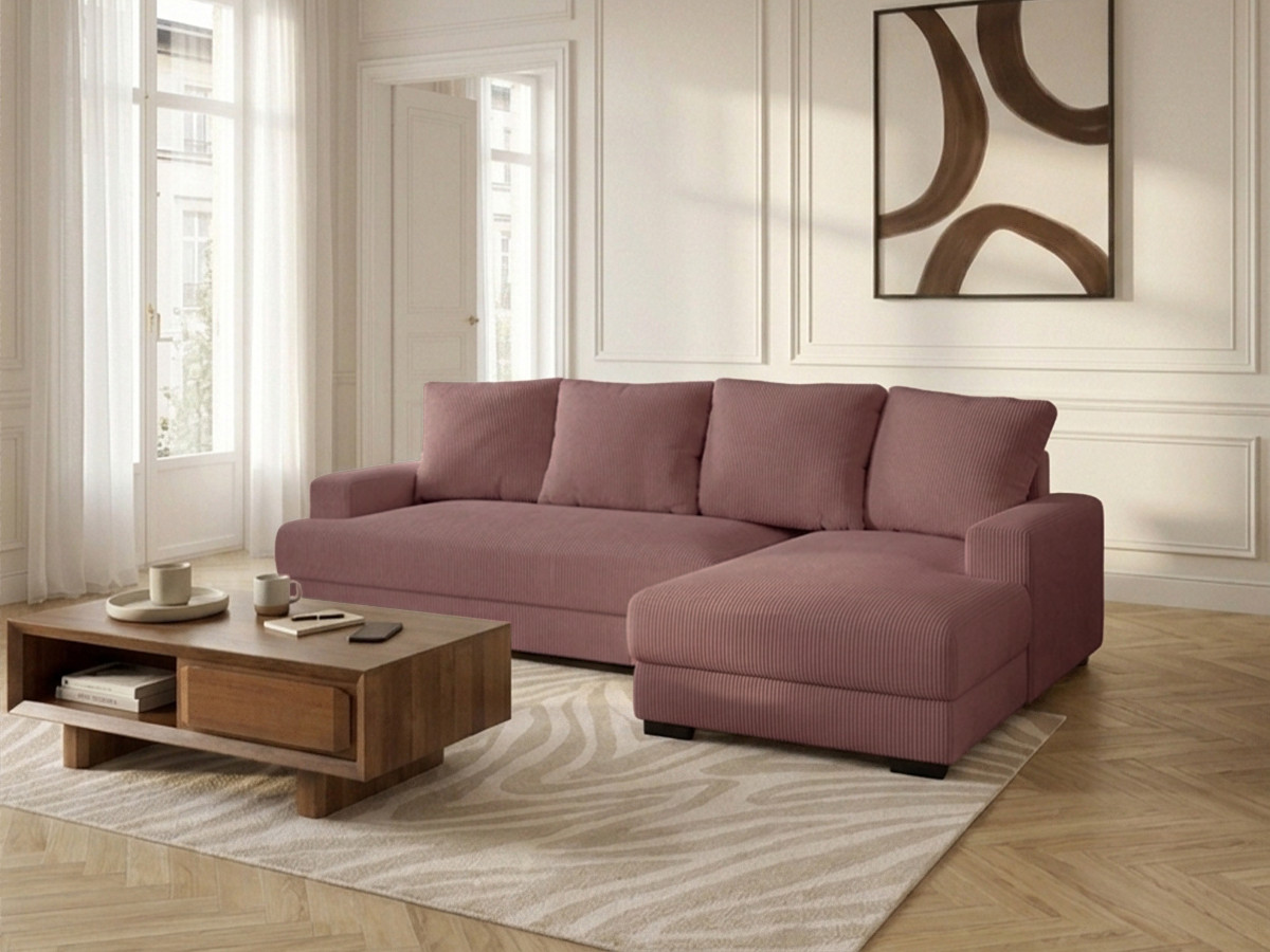 Bobochic Campi Ecksofa mit Schlaffunktion und Bettkasten Cordsamt Rosa Ecke rechts