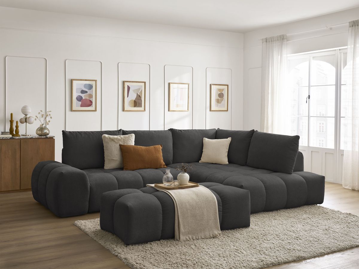 Bobochic Everest Ecksofa mit Schlaffunktion und Bettkasten und Pouf 320 × 212 cm, 5 Kissen Strukturstoff Schwarz Ecke rechts