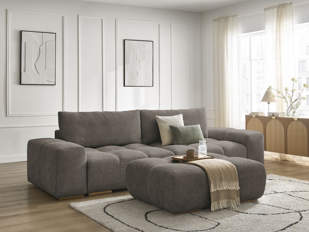 Bobochic Anakin Schlafsofa 3-Sitzer mit Bettkasten und Pouf, 2 Kissen Bouclé-Stoff Braun