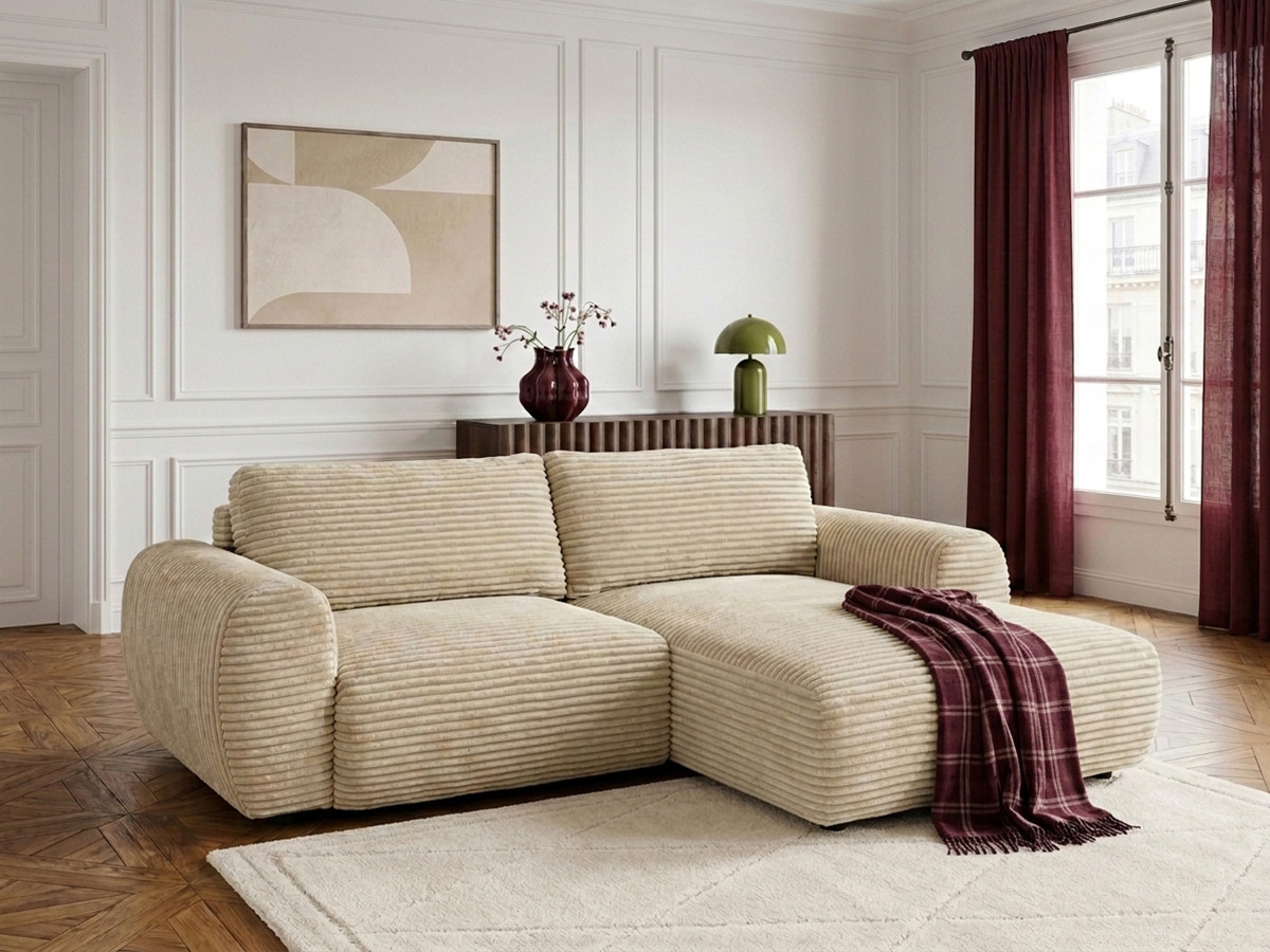 Bobochic Lucien Ecksofa mit Schlaffunktion und Bettkasten Breitcord weich Beige Ecke rechts