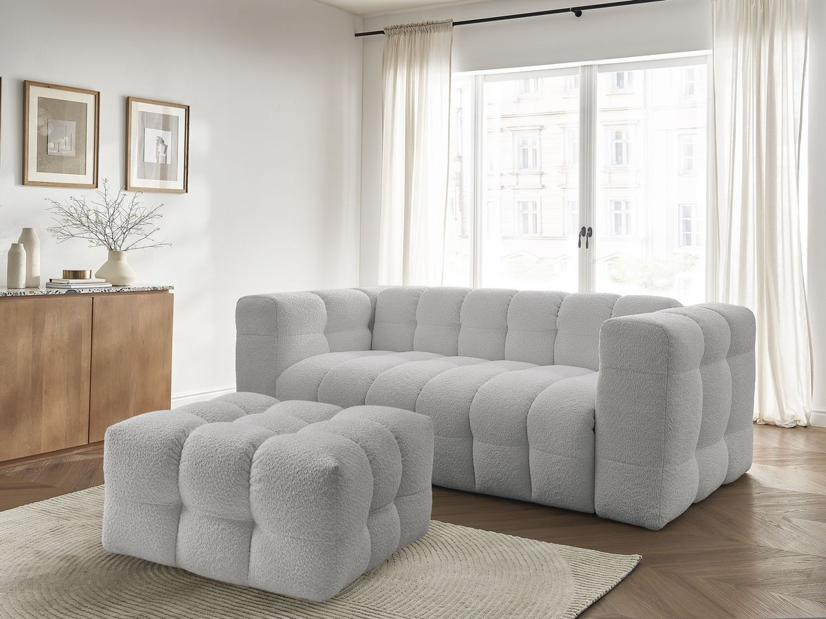 Bobochic Cloud Schlafsofa 3-Sitzer mit Pouf Bouclé-Stoff Hellgrau