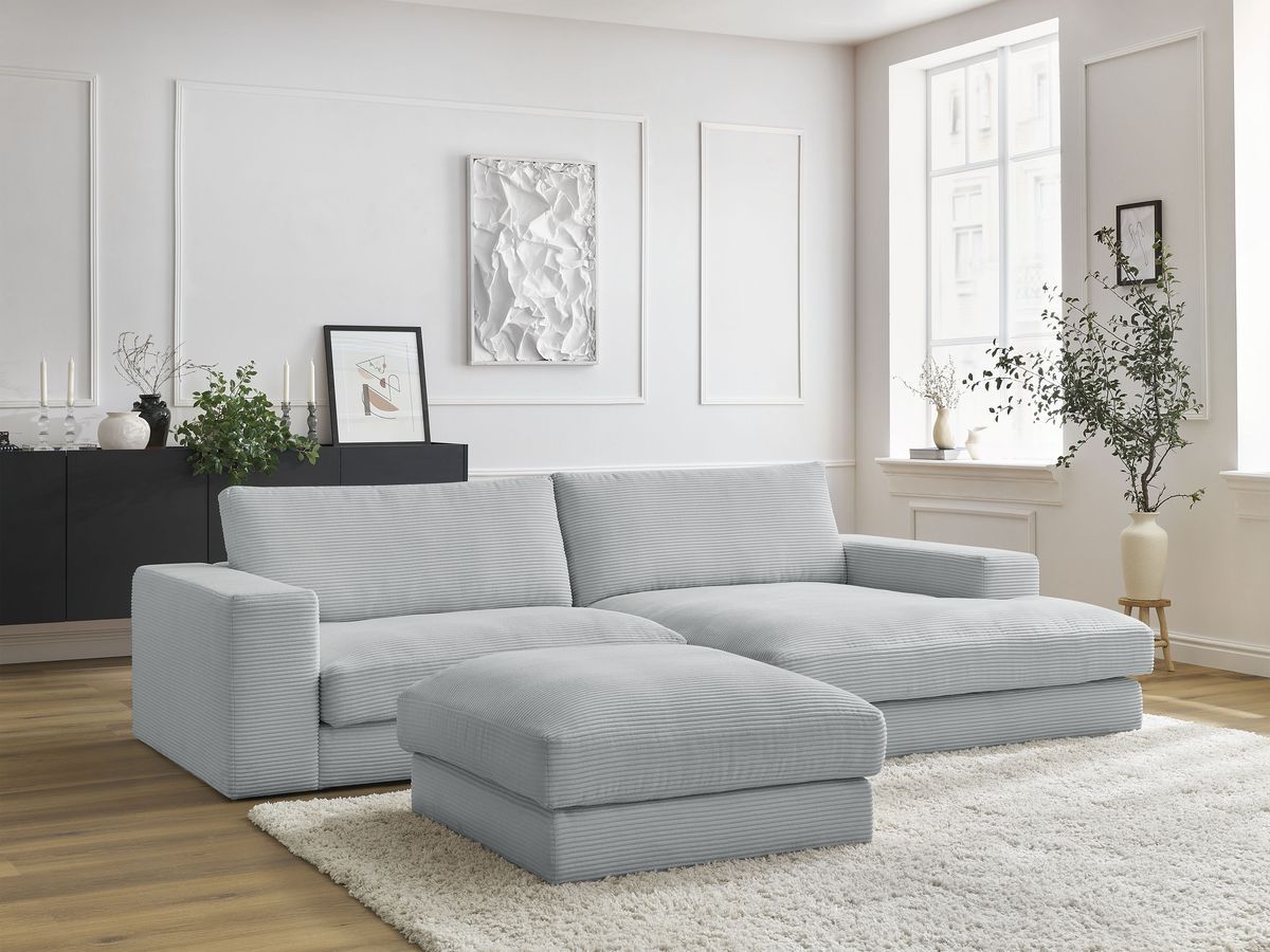 Bobochic Leonard Ecksofa mit Pouf 274 × 159 cm Cordsamt Hellgrau Ecke rechts