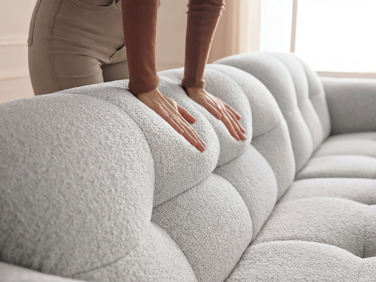 Bobochic Laura Ecksofa mit großem Pouf Melange-Stoff Hellgrau Ecke rechts